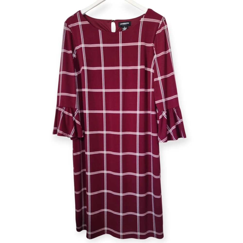 Liz Clairborne Career Burgundy Flair Sleeve Check Dress Size L